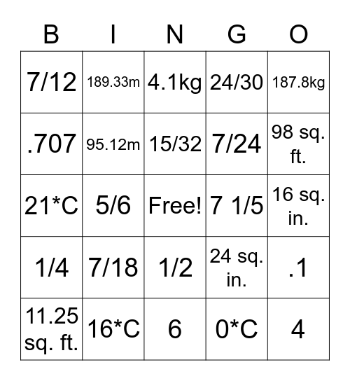 Construction Math Bingo Card