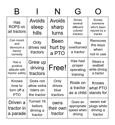Tractor Safety bingo Card