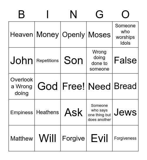 Prayer Bingo Card