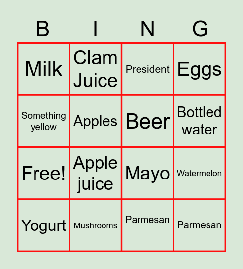 MTV Crib Fridge Edition Bingo Card