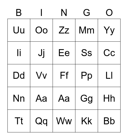 letters Bingo Card