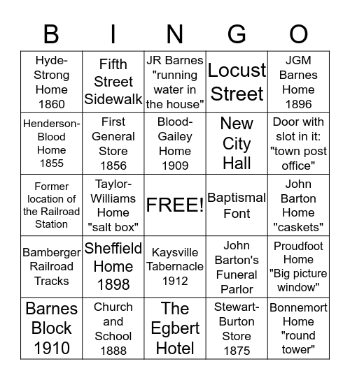 My Historical Kaysville Bingo Card