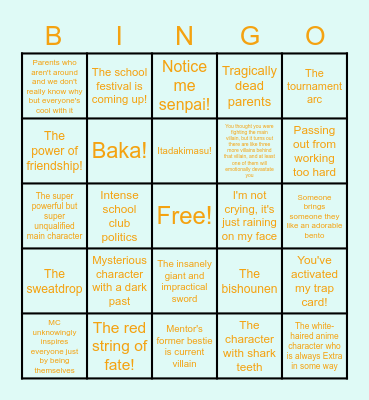 Anime Tropes Bingo Card