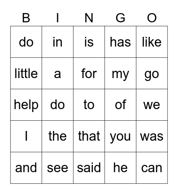 Sight words Bingo Card