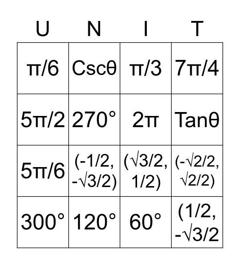 Unit Bingo Card