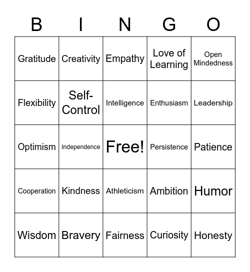 Strengths Exploration Bingo Card