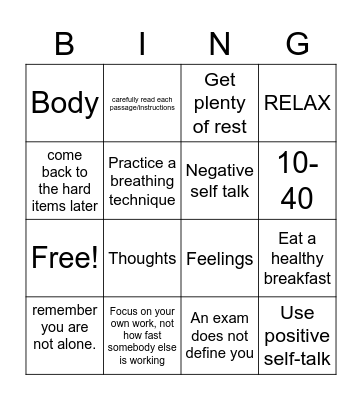 Test Anxiety Bingo Card