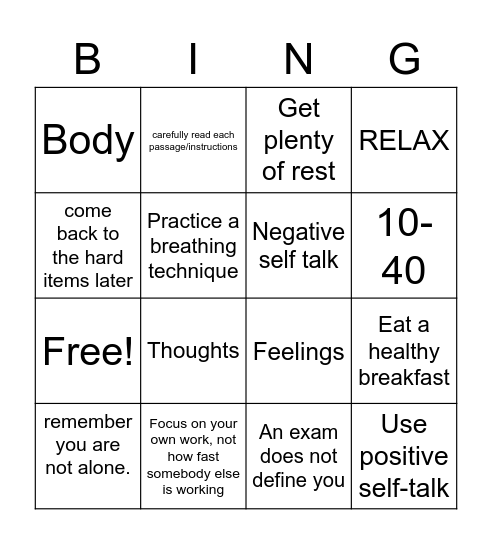 Test Anxiety Bingo Card