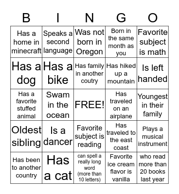 Friendship Bingo Card