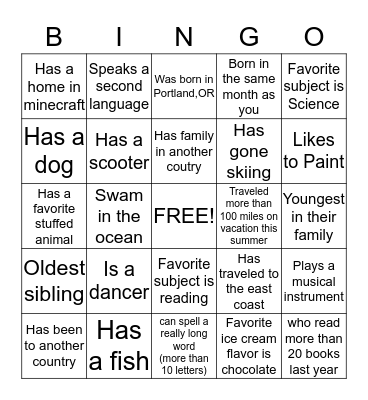 Friendship Bingo Card
