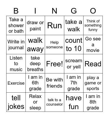 COPING SKILLS BINGO Card