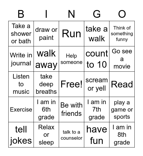 COPING SKILLS BINGO Card