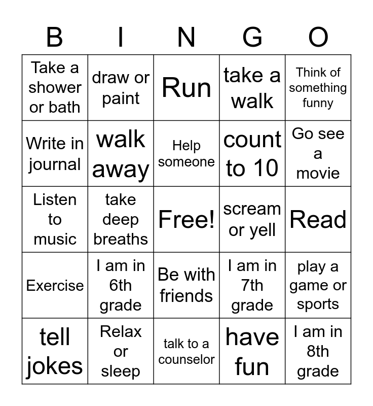 COPING SKILLS BINGO Card