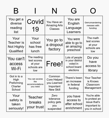 School Journey Bingo Card