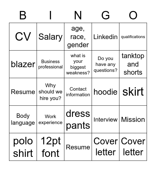Resume and Interview Bingo Card