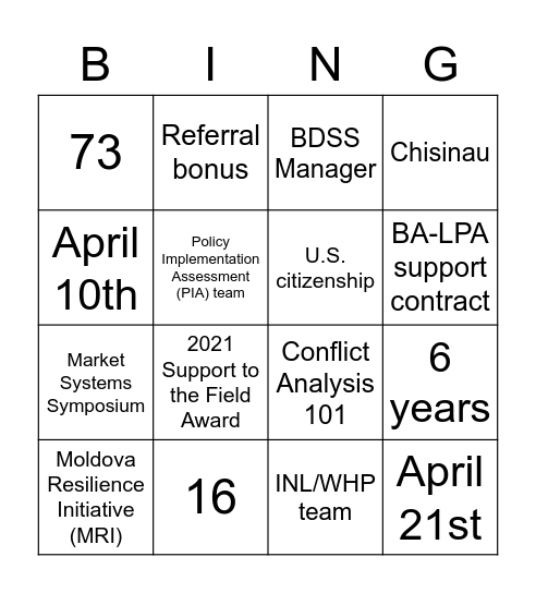 Destination Dexis Bingo Card