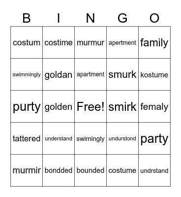 Spelling Words Bingo Card