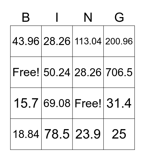 7.9B: circumference and area of circles. Bingo Card