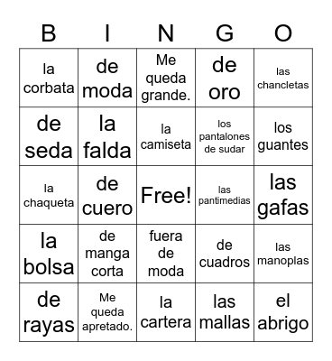 La ropa Bingo Card