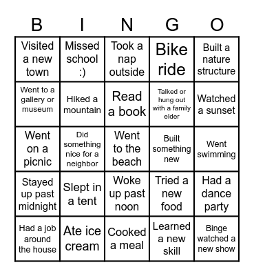 Summer Vacation Bingo Card