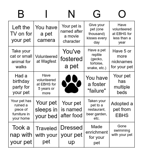 EBHS Volunteer Bingo Card