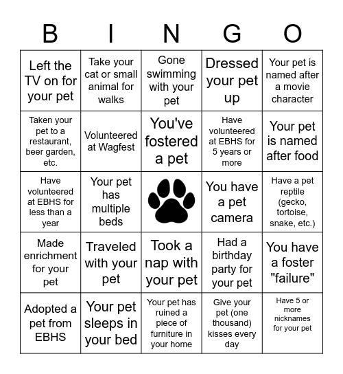 EBHS Volunteer Bingo Card