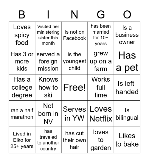 4TH WARD RELIEF SOCIETY SISTER BINGO Card