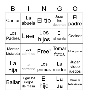 Los pasatiempos y La Familia Bingo Card