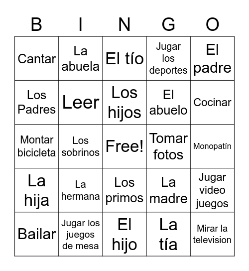 Los pasatiempos y La Familia Bingo Card