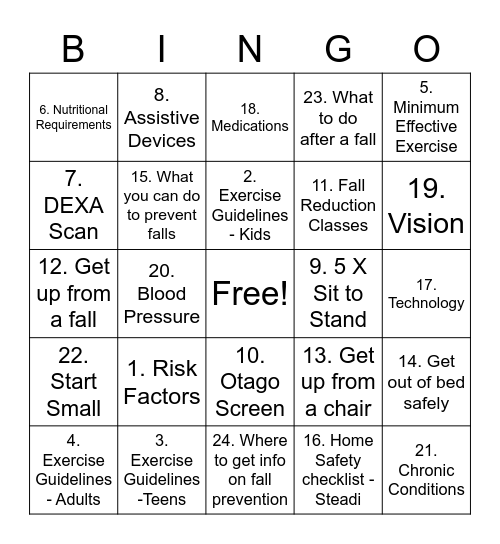 Balance and Falls Bingo Card