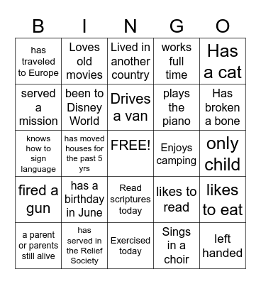 Relief Society Bingo Card