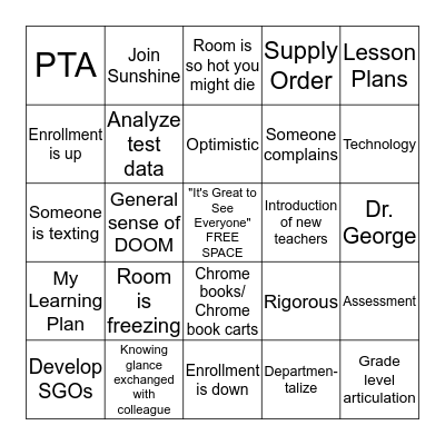 First Faculty Meeting of the Year Bing! Bingo Card