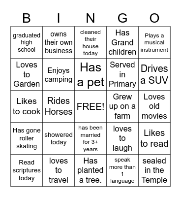 Relief Society Bingo Card