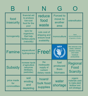 Food Insecurity Bingo Card