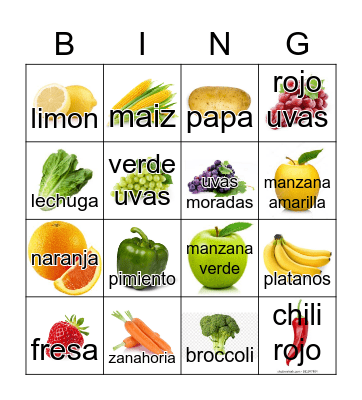Fruits and Vegetables Bingo Card