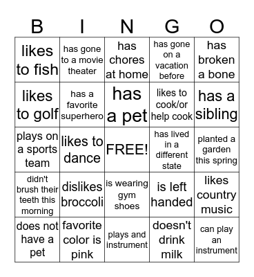 All About You BINGO Card