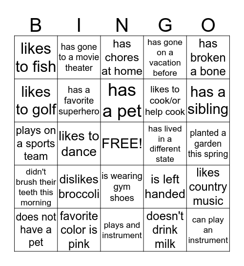 All About You BINGO Card