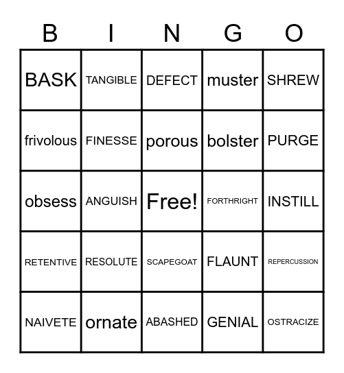 Unit 6 Vocabulary Bingo Card