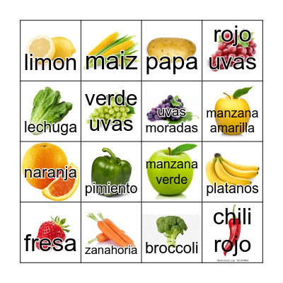 Fruits and Vegetables Bingo Card