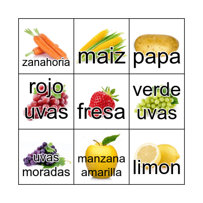 Fruits and Vegetables Bingo Card