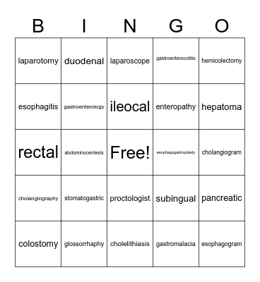 Digestive System Bingo Card