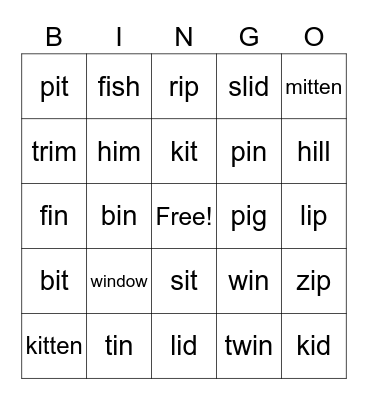 Short Vowel -i Bingo Card