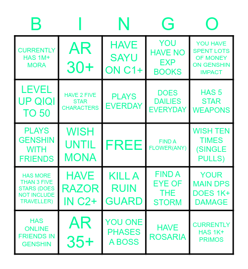 GENSHIN IMPACT Bingo Card