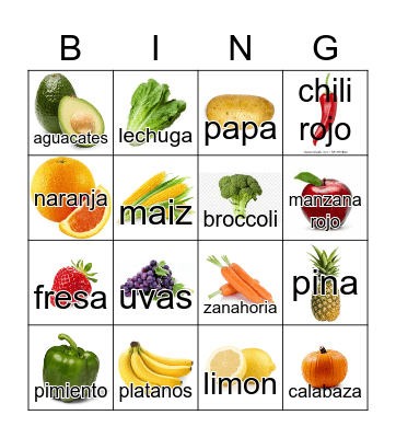 Fruits and Vegetables Bingo Card