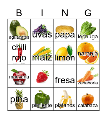 Fruits and Vegetables Bingo Card