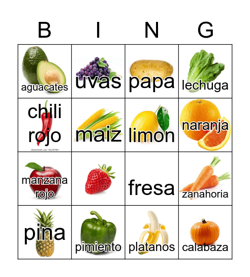 Fruits and Vegetables Bingo Card