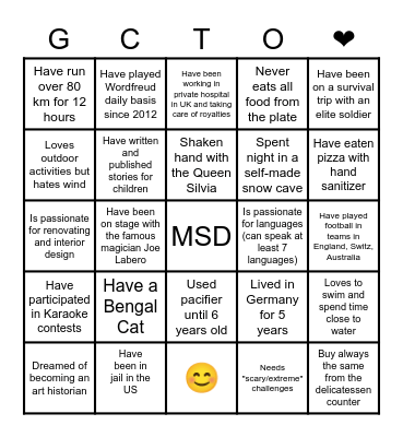 Get to Know each other MSD Nordic Bingo Card