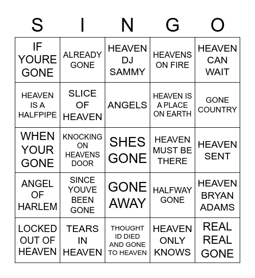 739 GONE TO HEAVEN Bingo Card