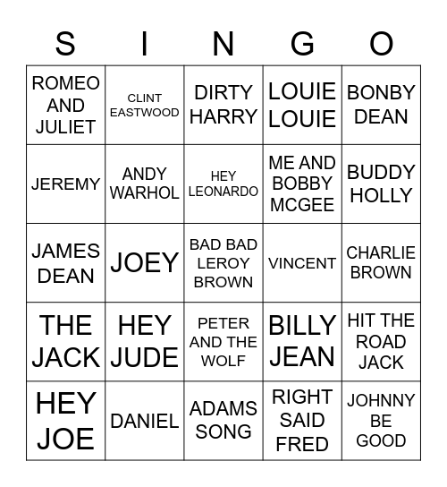 740 SONGS WITH GUYS NAMES Bingo Card