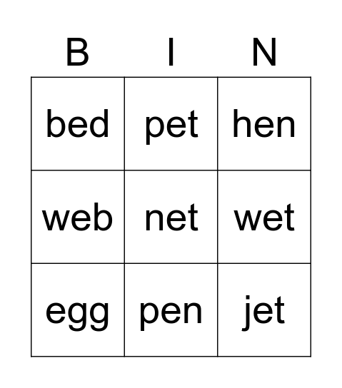 Letter E Bingo Card